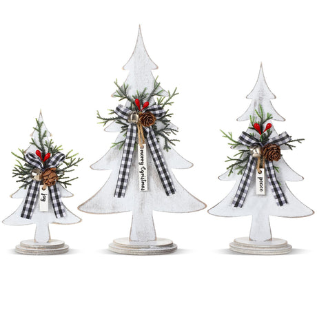 Soaoo 3 Pcs Wooden Christmas Trees Tabletop Decoration Rustic Wood Christmas Trees Xmas Centerpieces Freestanding Table Farmhouse Xmas Centerpiece for Table Home Decor (Red Berry,Large) Soaoo