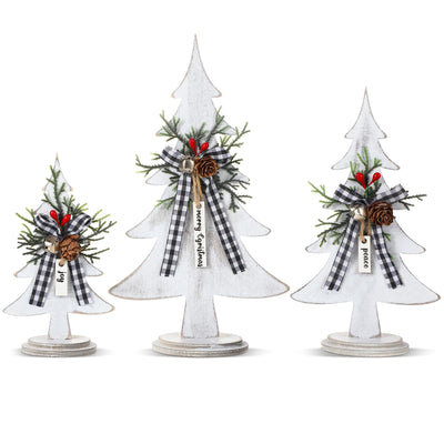 Soaoo 3 Pcs Wooden Christmas Trees Tabletop Decoration Rustic Wood Christmas Trees Xmas Centerpieces Freestanding Table Farmhouse Xmas Centerpiece for Table Home Decor (Red Berry,Large)