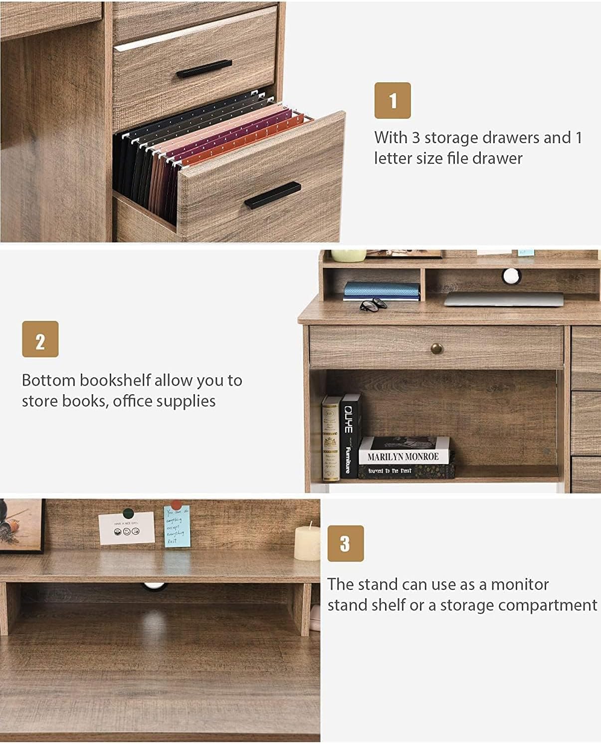 Computer Desk with 4 Drawers and Storage, Small Office Desk with File Drawers and Hutch, Farmhouse Wood Writing Student Table for Home Office, Bedroom, Wooden Grey HOMBCK