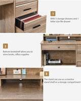 Computer Desk with 4 Drawers and Storage, Small Office Desk with File Drawers and Hutch, Farmhouse Wood Writing Student Table for Home Office, Bedroom, Wooden Grey HOMBCK