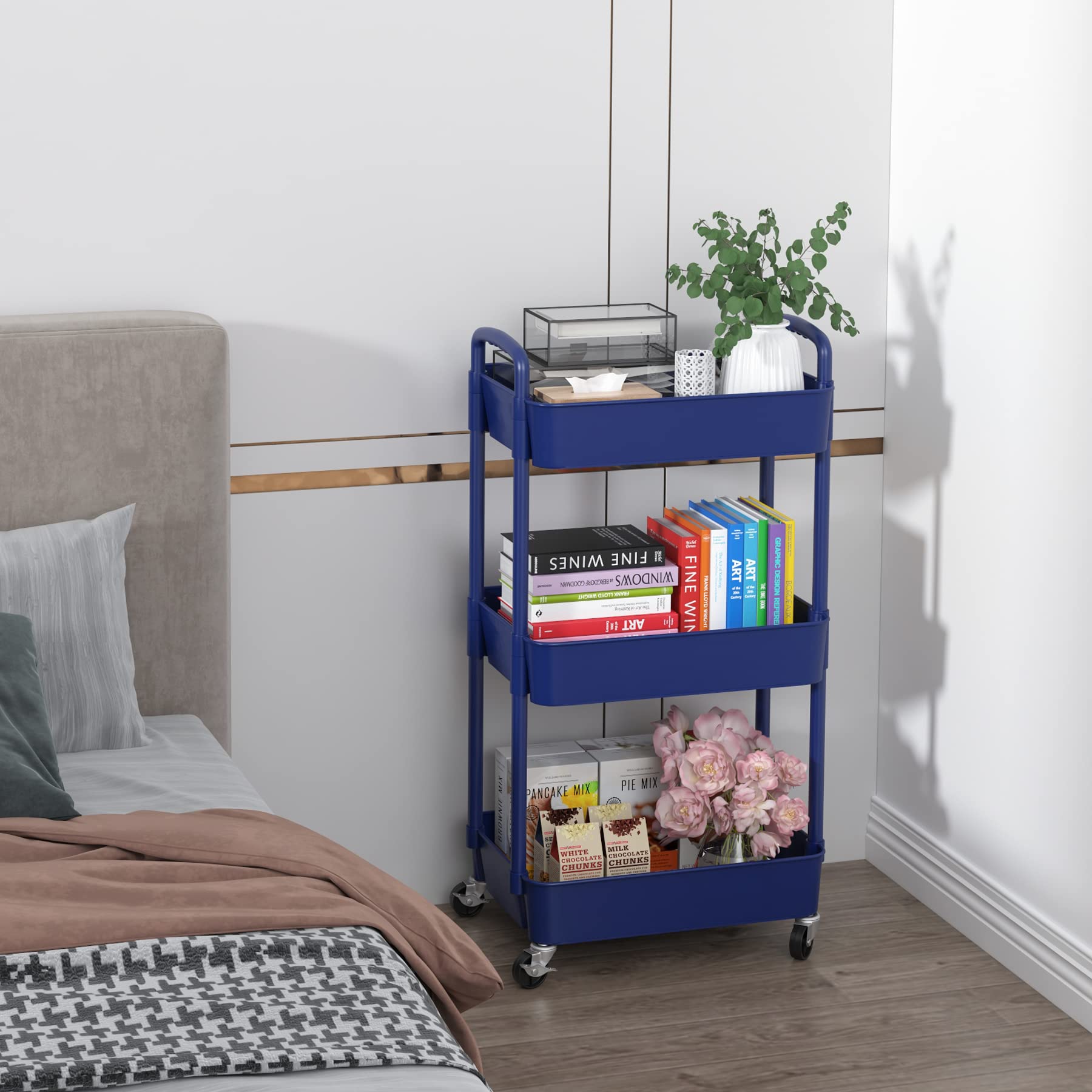 Sywhitta 3-Tier Plastic Rolling Utility Cart with Handle, Multi-Functional Storage Trolley for Office, Living Room, Kitchen, Movable Storage Organizer with Wheels, Blue - WoodArtSupply