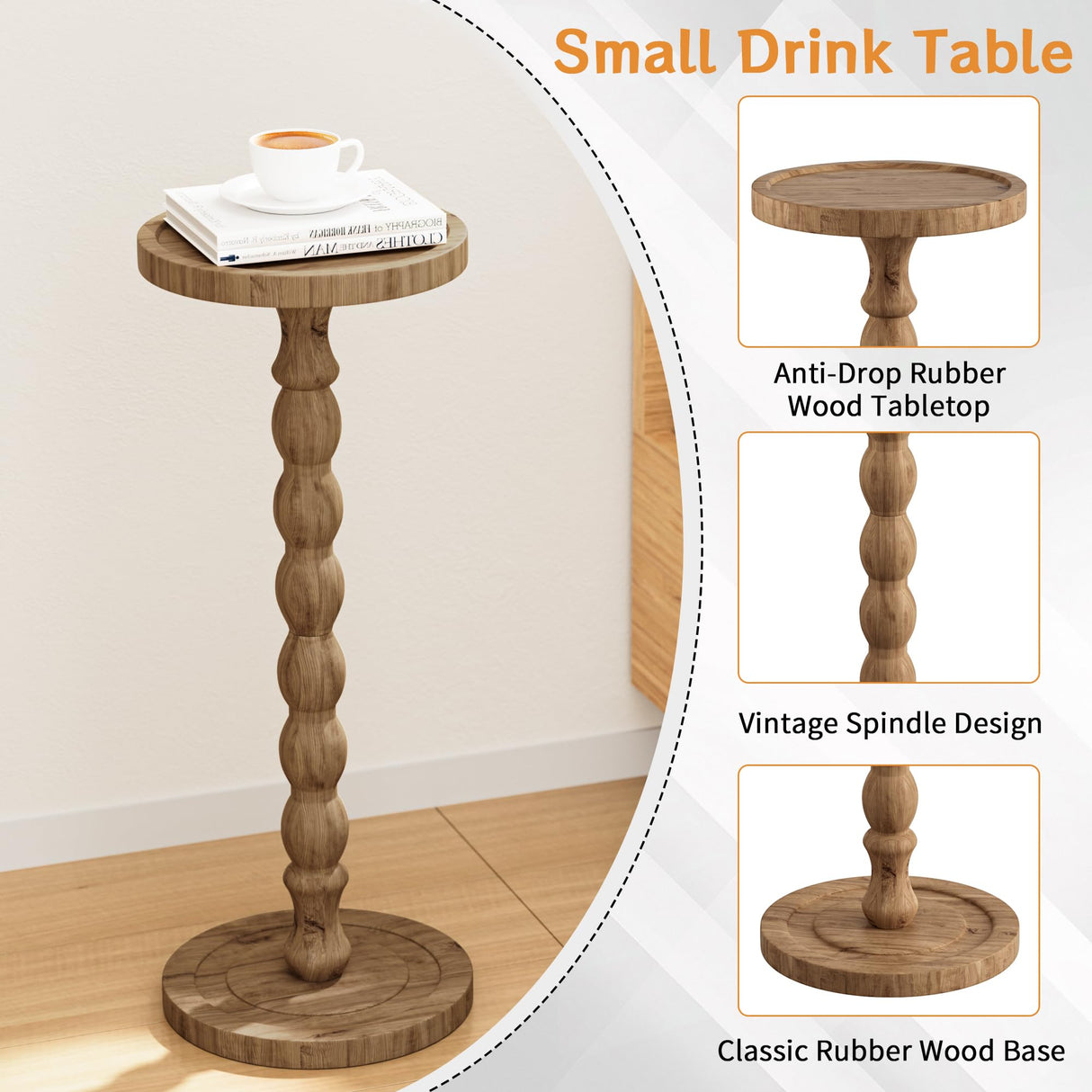 iFaveorr Small Side Table, Rubberwood‌ Drink Table for Small Spaces, Solid Wood Pedestal Coffee Tables, Round End Tables for Living Room, Sofa Couch, Bedroom, Corners, and Office (Brown, 9.4 inch) iFaveorr