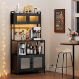 HOOBRO Bakers Rack with Storage Cabinet, 5-Tier Coffee Bar with Power Outlet and LED Lights, Industrial Microwave Oven Stand with Shelves, Kitchen Storage Shelf with Cabinet, Black BB13UDHB01 HOOBRO