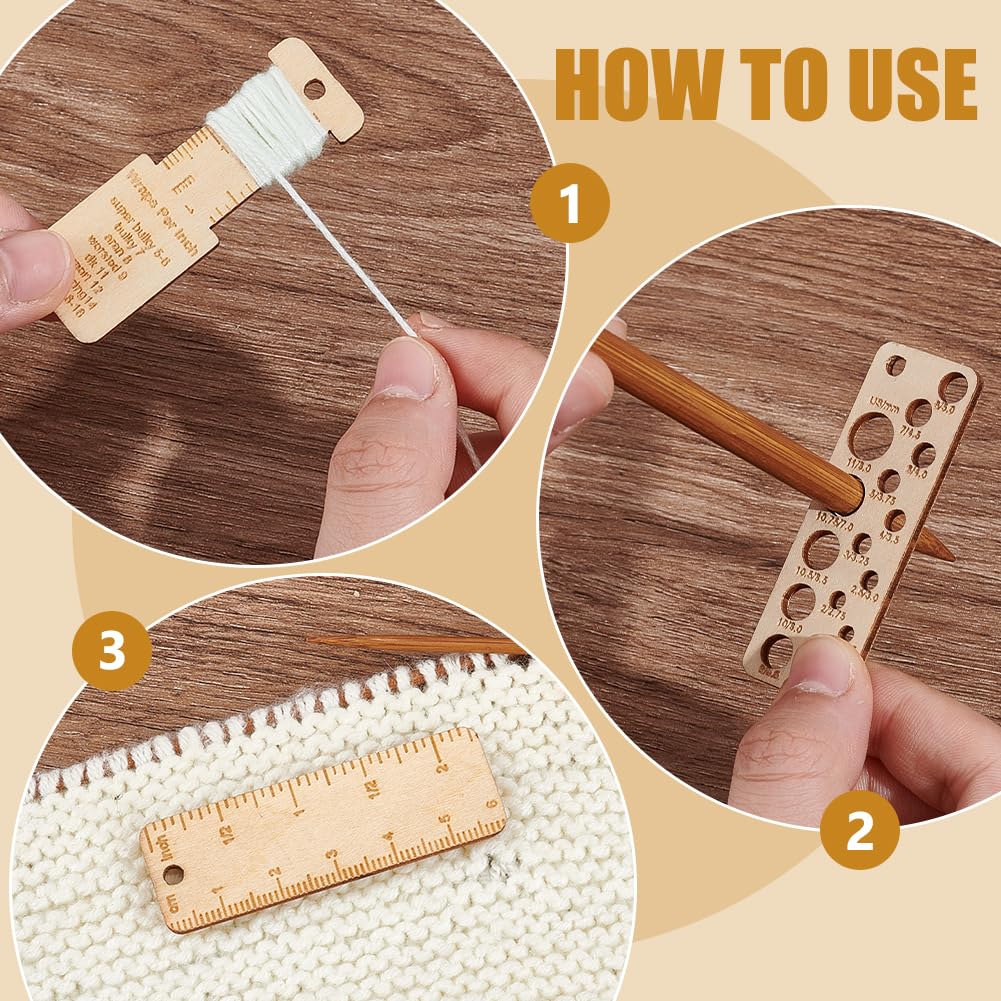 BENECREAT 3Pcs Mini Wooden Gauge Keychains, Knitting Needle Gauge, Yarn Wrap Guide Board, Multifunctional Ruler with Alloy Clasp for Crochet DIY Sewing BENECREAT