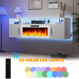 LEMBERI Floating Fireplace TV Stand 70'' Wall Mounted Shelf, LED Light Entertainment Center and Storage, Modern Wood Media TV Console with Highlight (White with White Fireplace) LEMBERI