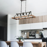 Feohak Farmhouse Chandeliers for Dining Room, 5-Light Rustic Kitchen Island Light Fixture, Wood Linear Industrial Black Rectangular Ceiling Feohak