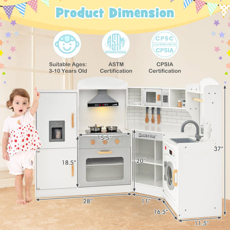 HONEY JOY Corner Kids Kitchen Playset, Ultimate Wooden Play Kitchen for Toddlers, Washing Machine, Ice Maker, Sink, Microwave, Little Chef Pretend Play Toy Kitchen Set, Gift for Boys Girls, White HONEY JOY