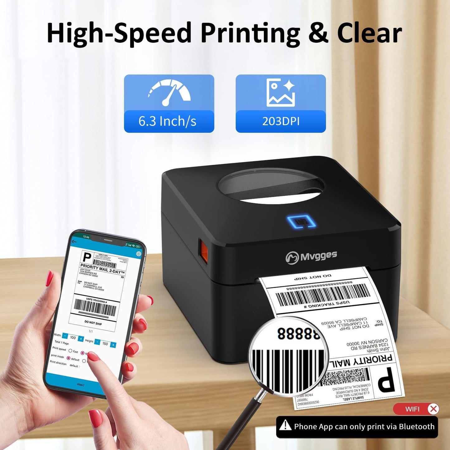 Mvgges Bluetooth Thermal Shipping Label Printer, 4X6 Label Printer for Shipping Packages Small Business, Support Windows, Mac, iOS, iPhone, Android, Used for Amazon, Ebay, Shopify, Etsy, UPS, USPS