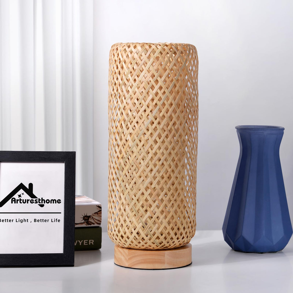 Arturesthome Bamboo Table Lamps with Shade, Rustic Farmhouse Boho Coastal Desk Lamp Night Light for Decorative Bedroom, Study Room, Cafe, Bookcase Arturesthome