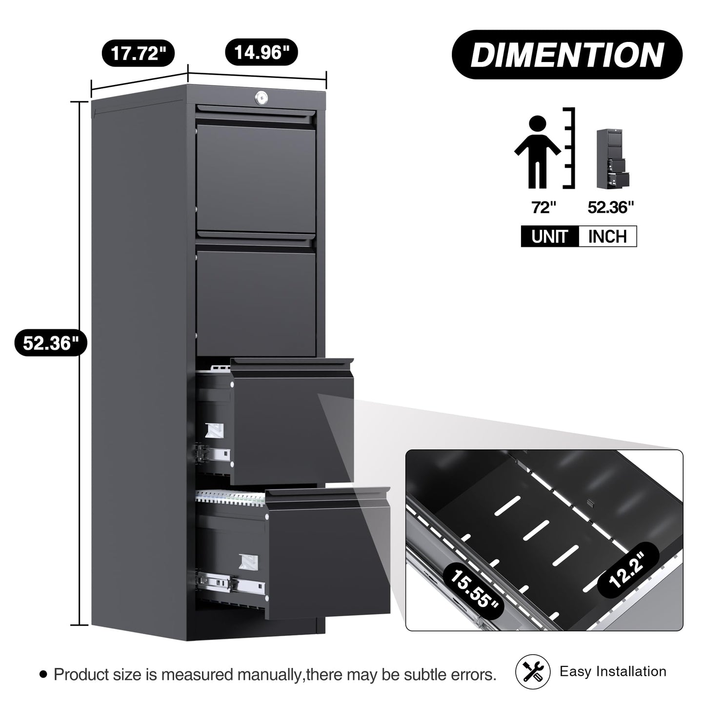 Metal Vertical File Cabinet with 4 Drawer and Lock,Narrow File Storage Cabinet for A4 Letter/Legal Size,W14.96”x D17.72”x H52.36”, Assembly Required(Black) - WoodArtSupply