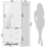 LIKIMIO Armoire Wardrobe Closet with Mirror and 3 Doors and 2 Drawers, Bedroom Wooden Armoire Storage Cabinet Combination with Hanging Rod for Bedroom, White LIKIMIO