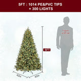 Treepool 5FT Pre-Lit Artificial Christmas Tree with 1014 PE&PVC Mixed Branch Tips, 300 Warm White Lights, Hinged Premium Spruce Fake Xmas Trees, Green, Foldable Base Treepool