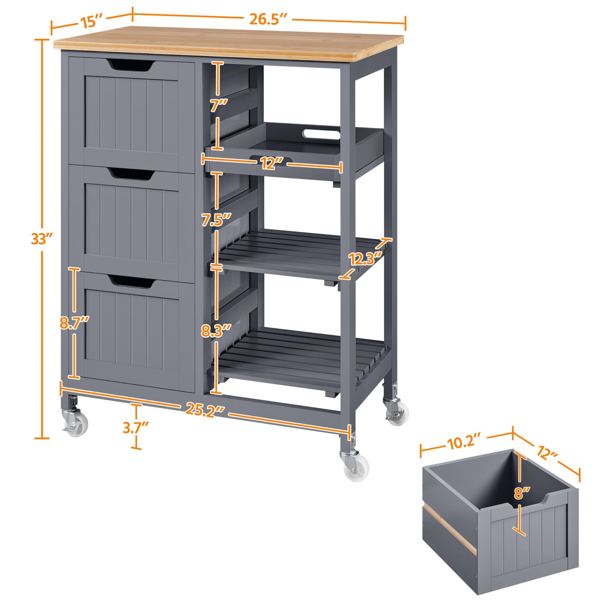 Yaheetech Kitchen Island Cart on Wheels with Storage, Rolling Bar Cart with Solid Wood Top and 3 Drawers, 3 Removable Shelves, Serving Utility Carts for Dining Room/Small Kitchen, Dark Gray - WoodArtSupply