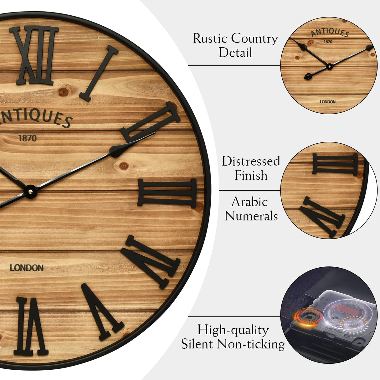 24 Inch Farmhouse Wall Clock - Antique Rustic Wood Finish, Silent Battery-Operated Timepiece with Stylish Decor for Home, Office, Kitchen, Bedroom & Living Room EMAX HOME