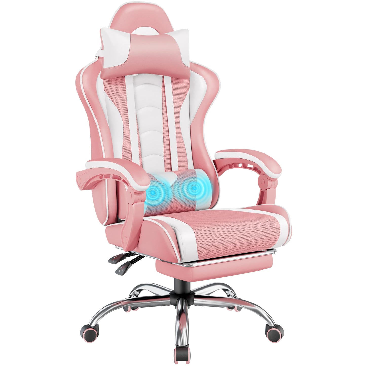 Yaheetech Gaming Chair, Video Game Chair with Massage Lumbar Support and Footrest Height Adjustable Ergonomic Computer Chair with Swivel Seat and Headrest, Pink/White