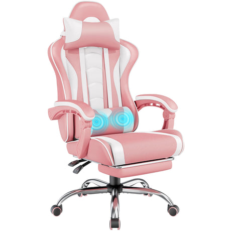 Yaheetech Gaming Chair, Video Game Chair with Massage Lumbar Support and Footrest Height Adjustable Ergonomic Computer Chair with Swivel Seat and Headrest, Pink/White Yaheetech