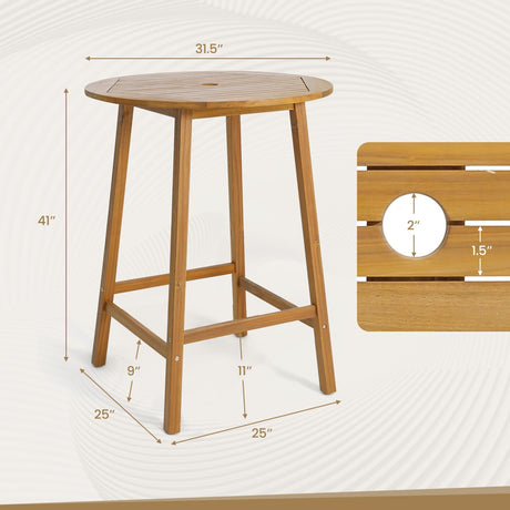 Tangkula 31.5” Natural Acacia Wood Round Patio Bar Table with Umbrella Hole Tangkula