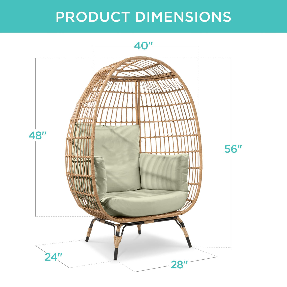 Best Choice Products Wicker Egg Chair, Oversized Indoor Outdoor Lounger for Patio, Backyard, Living Room w/ 4 Cushions, Steel Frame, 440lb Capacity - Sage Best Choice Products