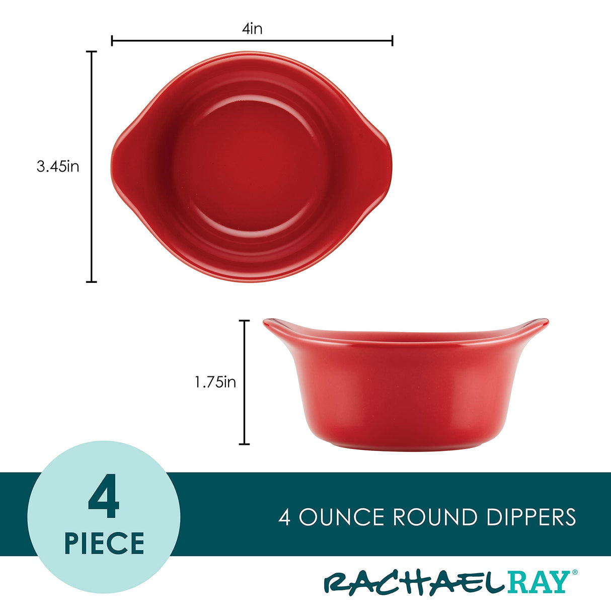 Rachael Ray Solid Glaze Ceramics Round Ramekins/Dipping Cup Set, 4 Piece, Red Rachael Ray