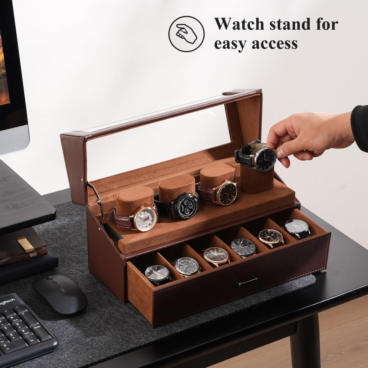 ProCase Watch Case for Men, 10 Slot Watch Display Stand with Acrylic Lid, Watch Display Case with Drawer, 2-Layer Mens Watch Box, Watch Holder Organizer for Men Women -Espresso ProCase