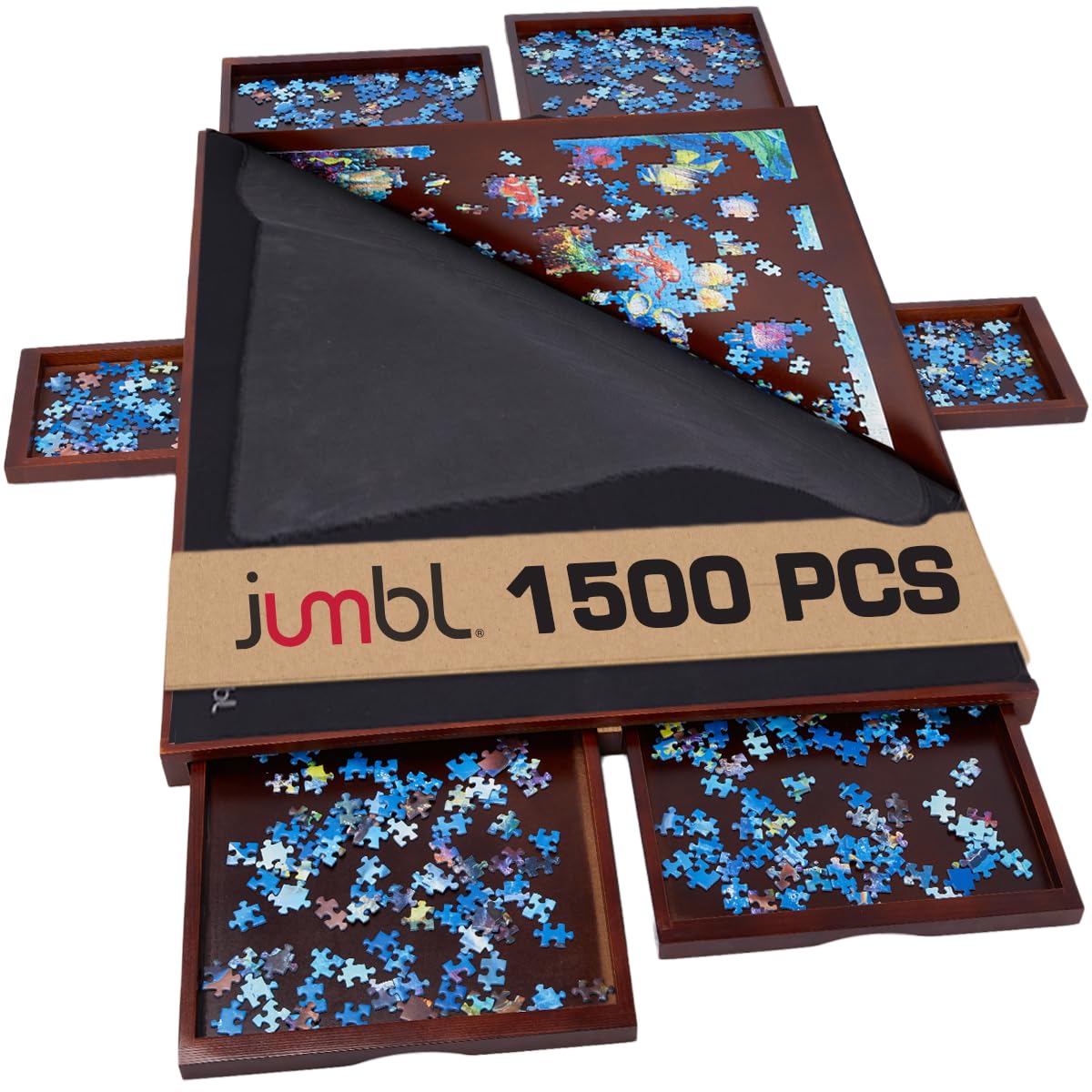 Jumbl 1500-Piece Puzzle Board w/Cover | 27” x 35” Jigsaw Puzzle Table w/ 6 Removable Storage & Sorting Drawers | Smooth Plateau Fiberboard Work Surface & Reinforced Hardwood | for Games & Puzzles Jumbl