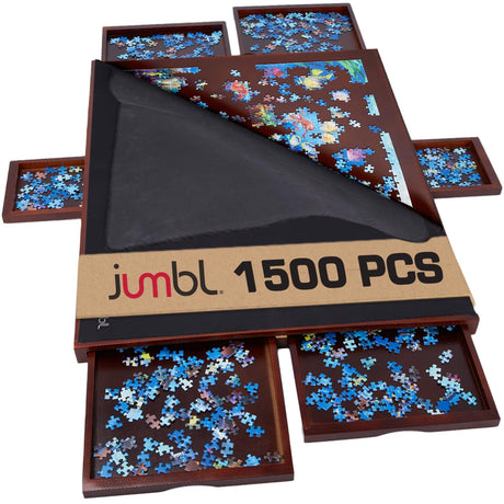Jumbl 1500-Piece Puzzle Board w/Cover | 27” x 35” Jigsaw Puzzle Table w/ 6 Removable Storage & Sorting Drawers | Smooth Plateau Fiberboard Work Surface & Reinforced Hardwood | for Games & Puzzles Jumbl
