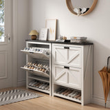 Loomie Farmhouse Shoe Cabinet,Free Standing Tipping Bucket Shoe Rack Organizer with 2 Flip Drawers,Entryway Narrow Shoe Storage,Modern Slim Hidden Shoe Cabinet with Doors & Storage Cubby, White Loomie