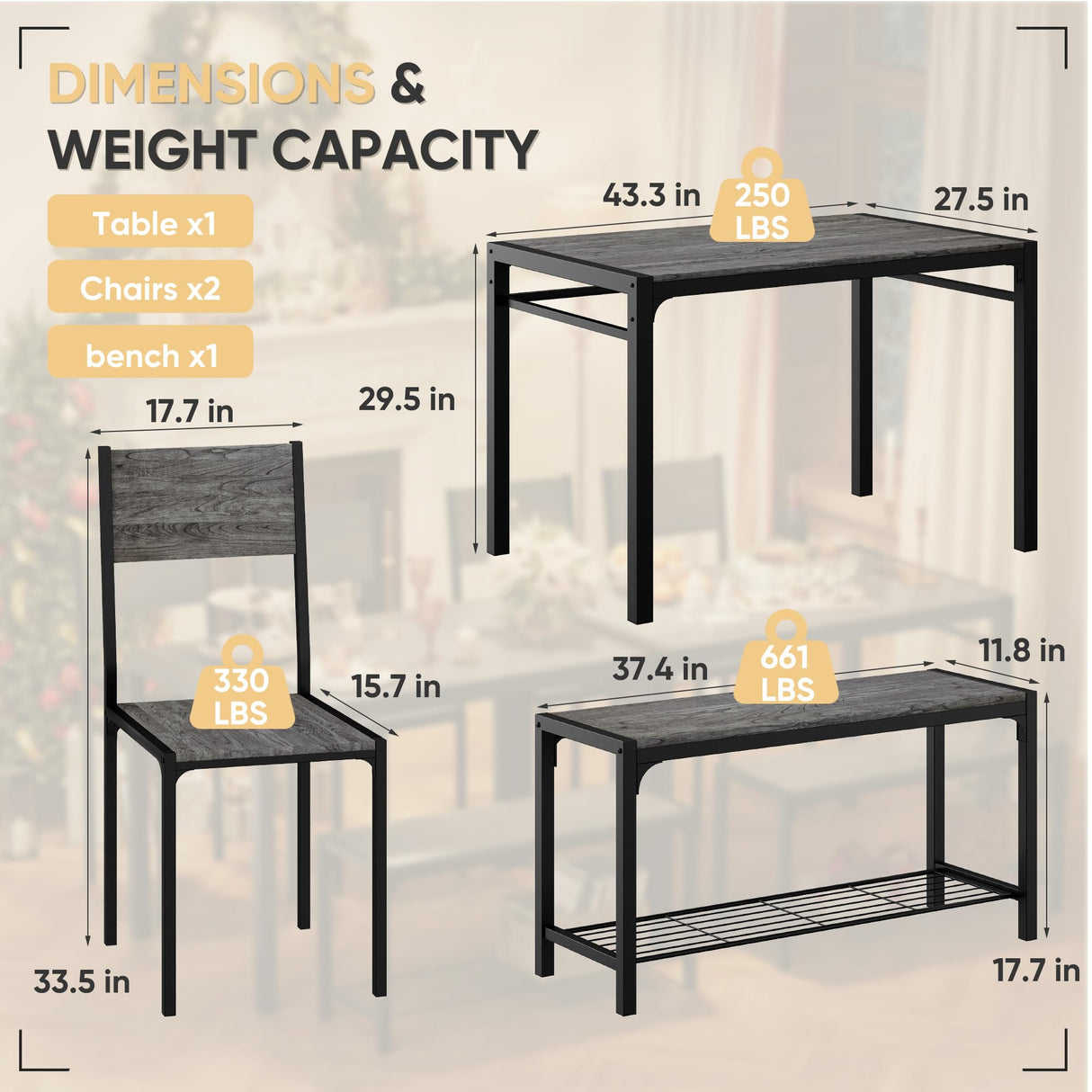Shahoo Kitchen Table and 2 Chairs for 4 with Bench, 4 Piece Dining Sets for Small Space, Dark Grey Shahoo