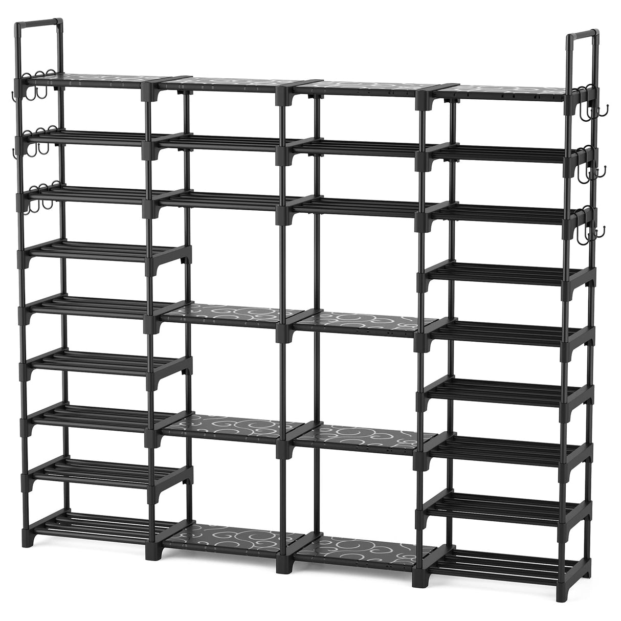 ROJASOP Large Shoe Rack Organizer for Entryway Closet 64-68 Pairs 9-Tier Heavy Duty Tall Garage Shoe Rack Shoe Shelf Shoes Storage with 18 Pcs Removable Side Hooks for Bedroom and Garage Black ROJASOP