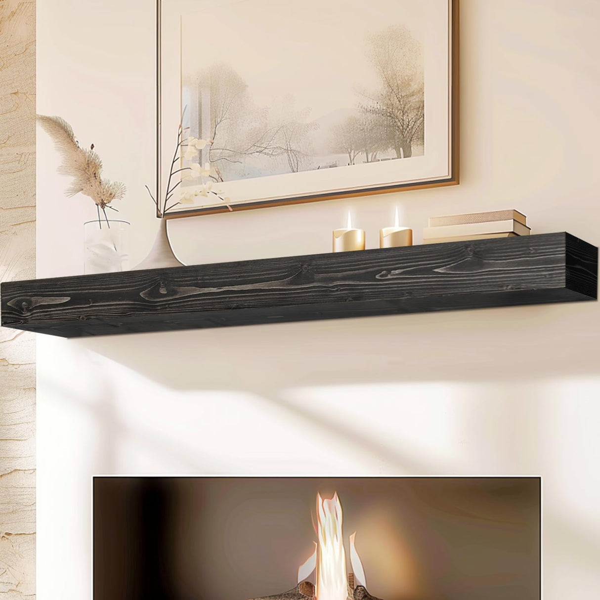 ABSWHLM 72x8x5 Fireplace Mantel - Handcrafted Hollow Rustic Solid Wood Wall Mounted Floating Shelf with Invisible Heavy Duty Wood Bracket (Weathered Black) ABSWHLM