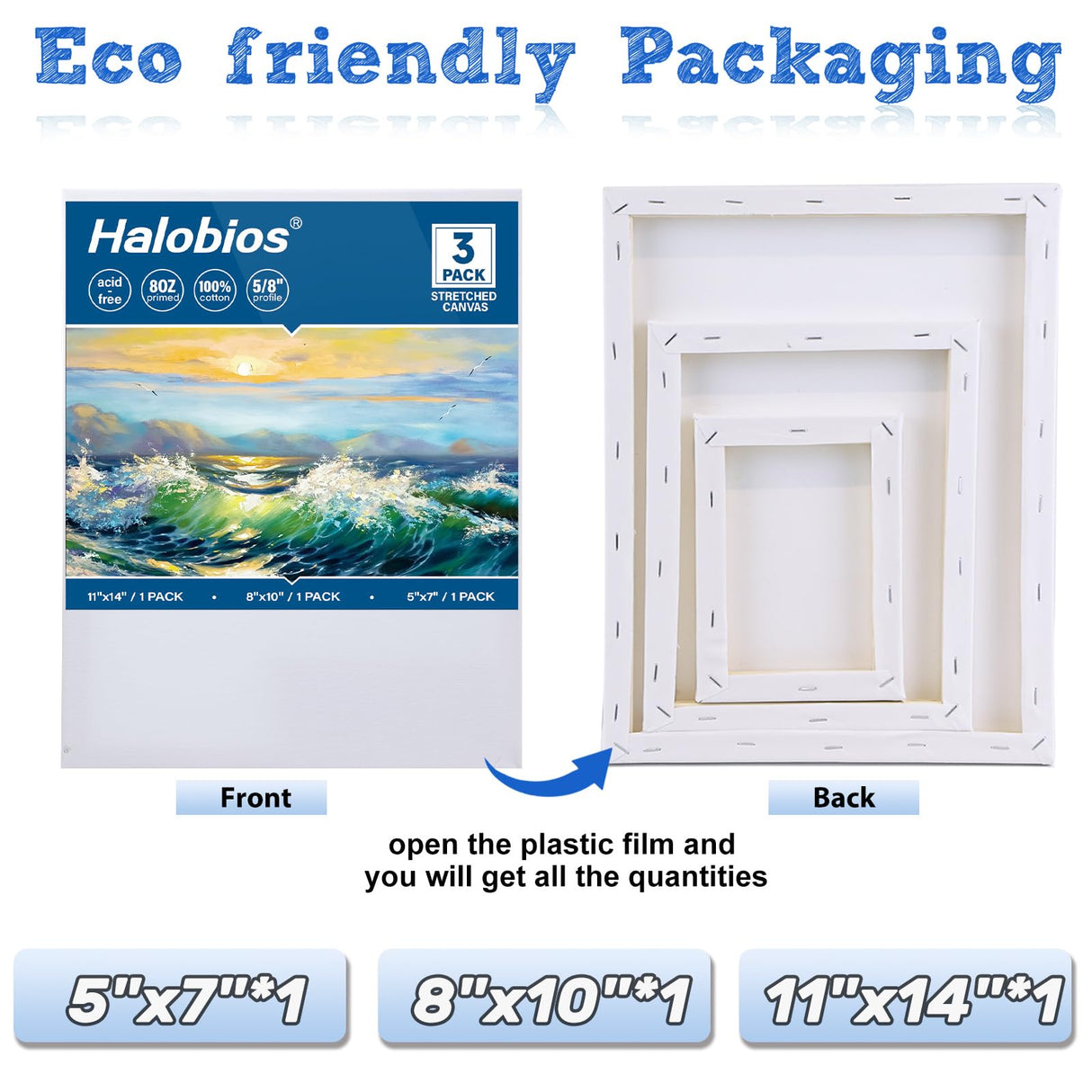 Halobios Stretched Canvases for Painting with 11x14 Inch, 5x7 Inch, 8x10, Painting Canvas for Acrylics,Oils & Other Painting Media, 5/8 Inch Profile 100% Cotton Artist Framed Canvas(3 Packs) Halobios