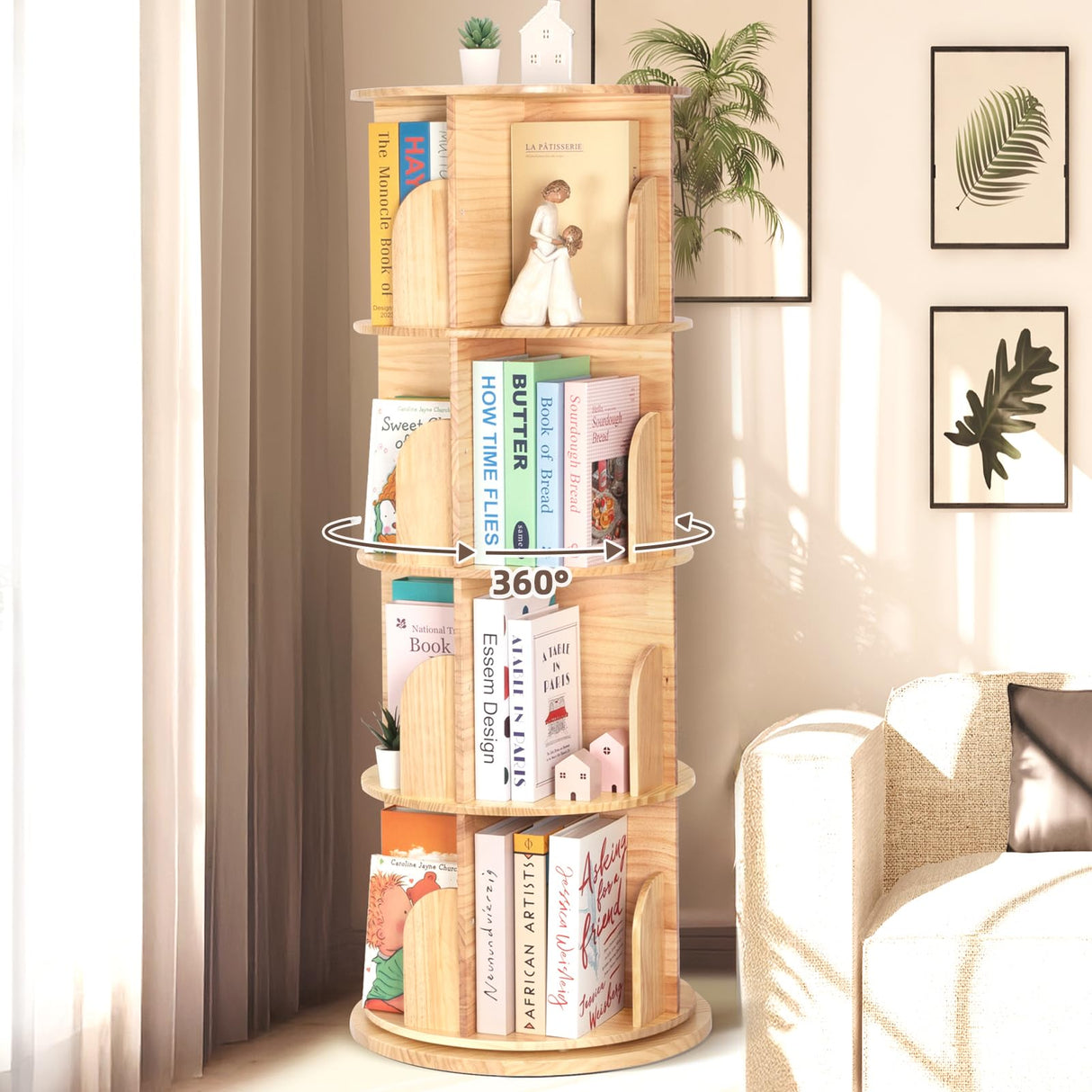 OOOK Rotating Bookshelf for Kids & Adults, 4-Tier 360° Spinning Solid Wood Book Organizer, Space-Saving Floor Standing Bookcase for Study Room, Bedroom, Living Room, Office OOOK