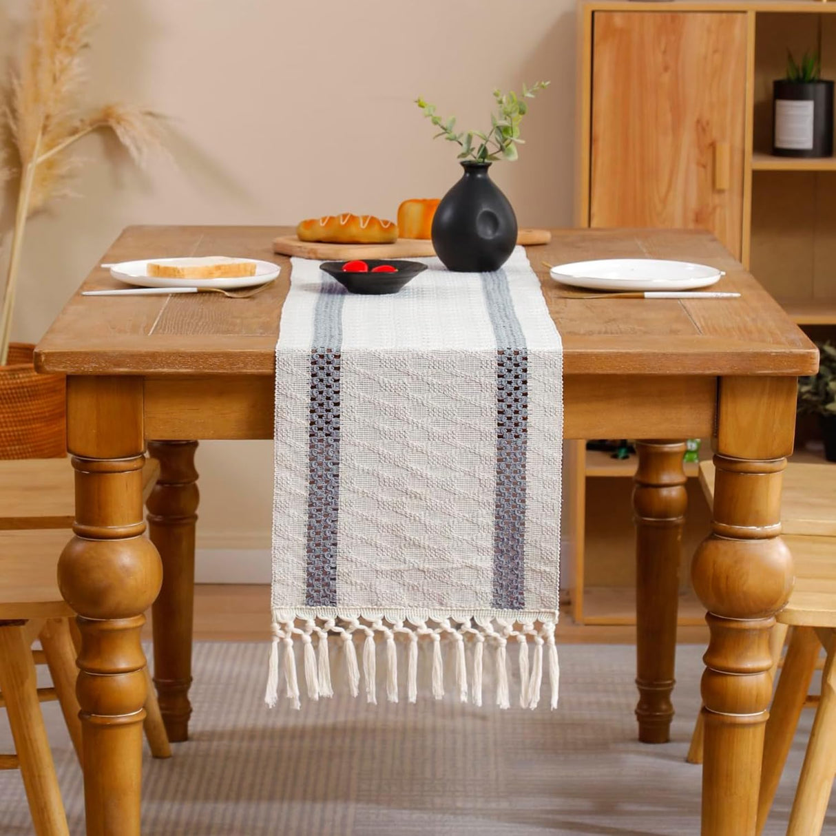Tosleo Boho Table Runner 12×108 Inches Long with Tassels Grayish Blue Double Striped Farmhouse Rustic Table Runner for Dining Wedding Party（One Piece） Tosleo