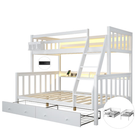 FJTJBSI Solid Wood Bunk Bed with Charging Station and LED Lights Detachable Bunk Bed Twin Over Twin with 2 Storage Drawers Full Size Bed Frame with Guardrail and Ladder for Kids Adults Bedroom FJTJBSI