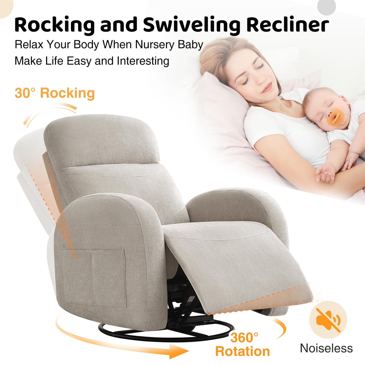 AEMEIOS Nursery Swivel Rocker Recliner, Manual Nursering Glider Recliner, Chenille Swivel Rocking Nursery Recliners with Double Pockets for Living Room, Camel AEMEIOS