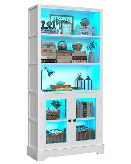 TVU 5-Tier Bookshelf, 65" Bookshelf with Multi-Color Ambient Lights (APP Remote Control), Tall Vertical Display Shelf with Cabinet Doors, Suitable for Living Room, Bedroom, Study, Office, White TVU