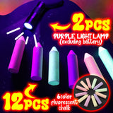 12 Pcs 6 Color Glow in the Black Lights Chalk UV Neon Sidewalk Chalk and 2 Pcs UV Flashlight Outdoor Dustless Black Light Party Supplies for Birthday Gift Painting Drawing on Chalkboard Playground Weewooday