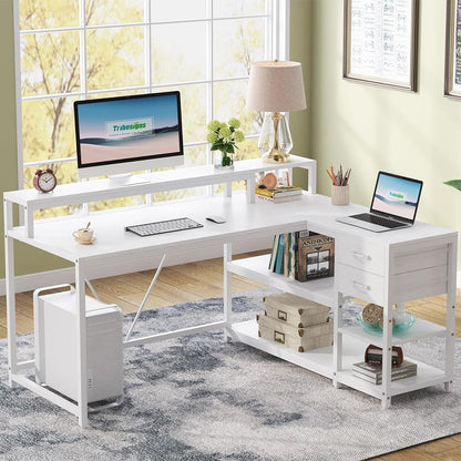 Tribesigns 55-Inch Modern White Reversible L-Shaped Desk with Storage Shelves and Drawers - WoodArtSupply