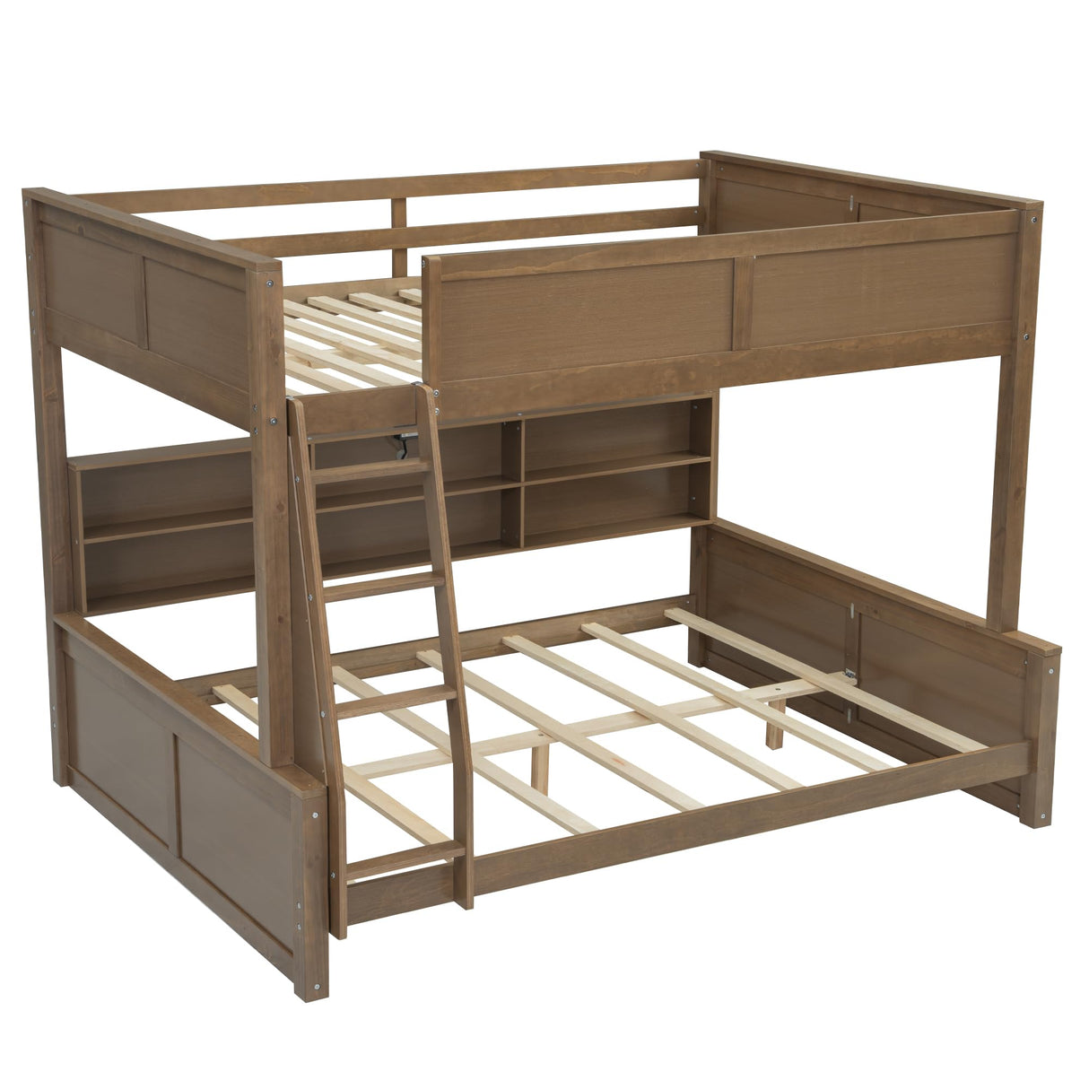Full XL Over Queen Bunk Bed with Storage Cabinets and USB Ports, Solid Pine Wood Frame, Safety Guard Rails, No Box Spring Needed (Wood2, Full XL Over Queen) RUNNA