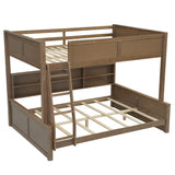 Full XL Over Queen Bunk Bed with Storage Cabinets and USB Ports, Solid Pine Wood Frame, Safety Guard Rails, No Box Spring Needed (Wood2, Full XL Over Queen) RUNNA