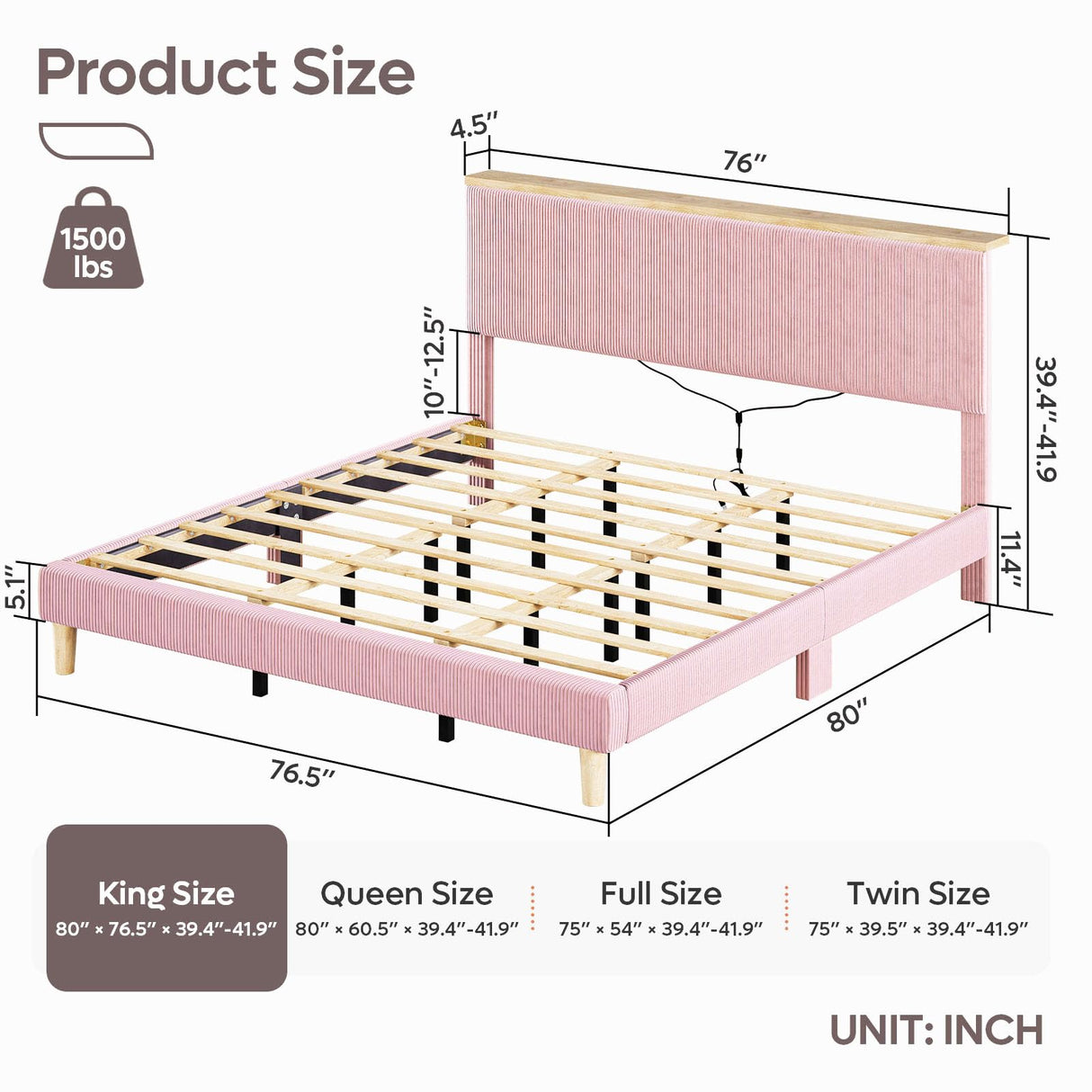 Bestier King Corduroy Upholstered Bed Frame with Adjustable Vertical Channel Headboard, LED Platform Bed with Storage Shelf, Solid Wood Leg & Slat Support, No Box Spring Needed, Never Squeaks, Pink Bestier