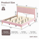 Bestier King Corduroy Upholstered Bed Frame with Adjustable Vertical Channel Headboard, LED Platform Bed with Storage Shelf, Solid Wood Leg & Slat Support, No Box Spring Needed, Never Squeaks, Pink Bestier