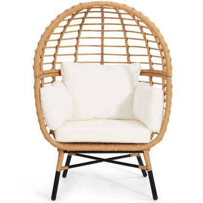 Murago Rattan Egg Chair for Children, Indoor Large Wicker Egg Chair, Outdoor Patio Rattan Egg Chair with Overstuffed Cushions, Natural Rattan with Beige Cushion