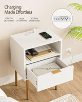 AEPOALUA Nightstand with Charging Station,Small Bedside Table with Gold Frame,White Night Stand,Bedside Furniture,Side Table with Drawer and Shelf for Bedroom,Living Room,Stripe AEPOALUA