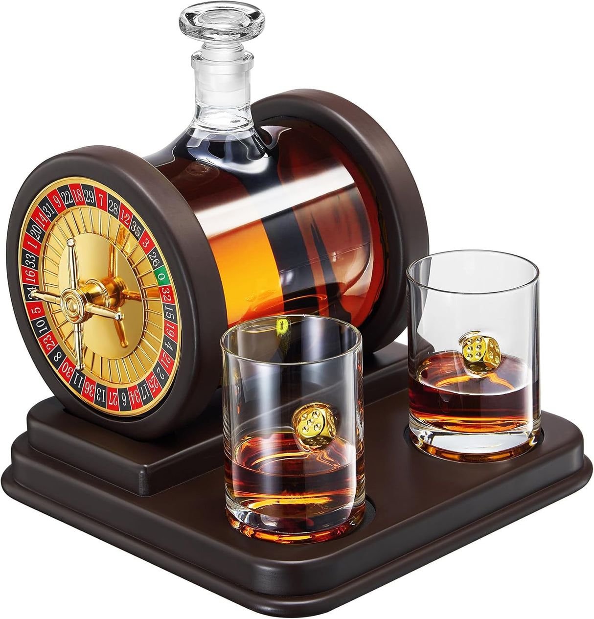 Casino Roulette Whiskey Decanter for Men, Husband, Him | 67.6 OZ Decanter With 2 x 10oz Dice Whiskey Glasses | Gold & Wood Gambling Slot Gift for Bourbon, Scotch, Liquor, Gifts For Dad, Guy, Winter The Wine Savant