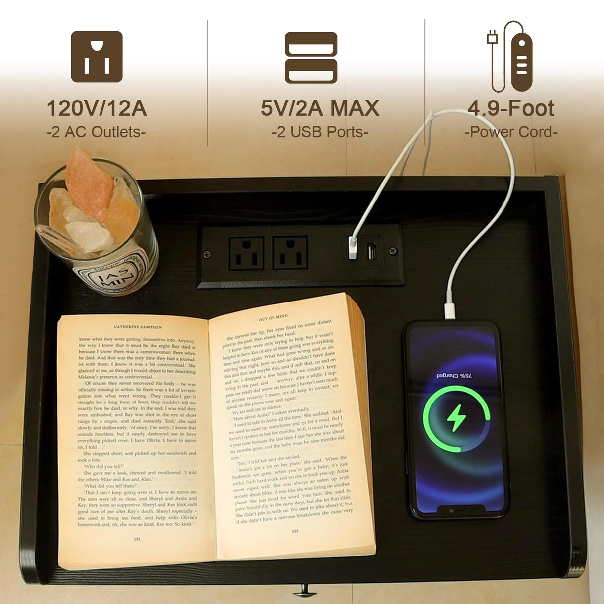 AWASEN Black Nightstand with Charging Station, Modern Bedside Table with Glass Decorative Drawer, Small End Table Side Table with 2 Tiers Storage Space, for Bedroom, Office and Small Space (Black) AWASEN