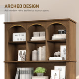 RALGEND 73.2" Tall Farmhouse Arched Bookshelf with Drawer and Door, 6 Tier Mid Century Modern Book Shelf and Bookcase with Storage, Floor Standing Display Cabinet for Living Room, Home Office, Walnut RALGEND