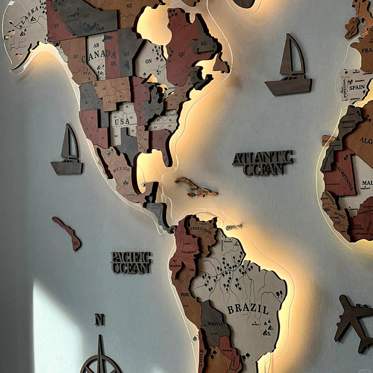 TUPAFJU 3D LED Wood+Acrylic World Map Wall，Extra Large Size 59/79/98/118in，3D Wall Art Décor,Art Modern Home Decor Gifts LED Lighting Wall Decor,Living Room Hanging Mural(A,Small) TUPAFJU