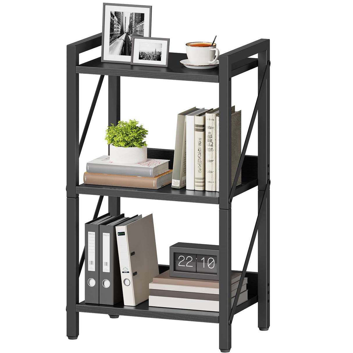 HOOBRO Bookshelf, 3-Tier Industrial Bookcase, Book Shelf Storage Organizer, Small Bookshelf with Metal Frame for Living Room, Bedroom, Home Office, Kitchen, Black BB71SJ01 HOOBRO