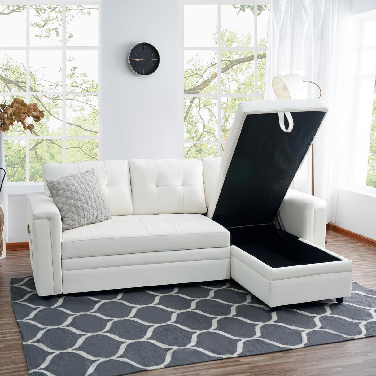 Naomi Home L-Shaped Sectional Sleeper Sofa with USB Ports - Convertible Pull-Out Bed, Ample Storage, Timeless Design, Durable Construction, White/Air Leather Naomi Home